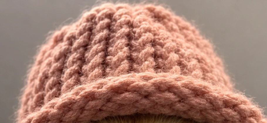 Close-up of the pink knit hat