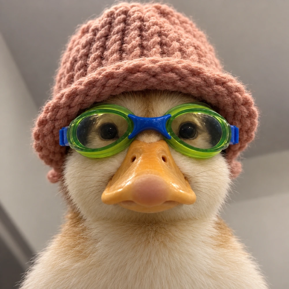 nasduckwifhat wearing a pink knit hat and green goggles